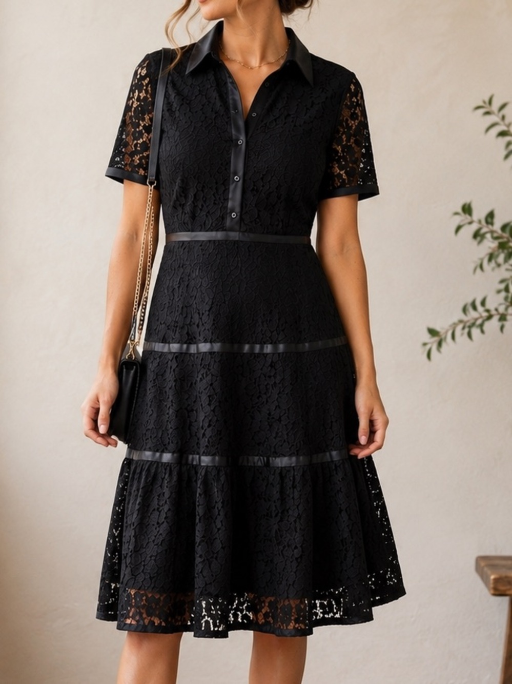 Nanette Lepore Black Lace Shirt Dress Tiered Satin Trim Size 6 Collard Neck